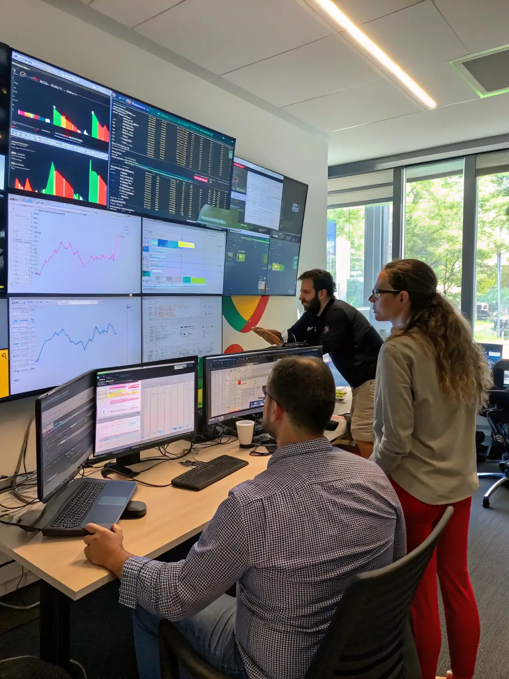 A professional team collaborating in a modern office, analyzing data on large screens, showcasing a data-driven approach.