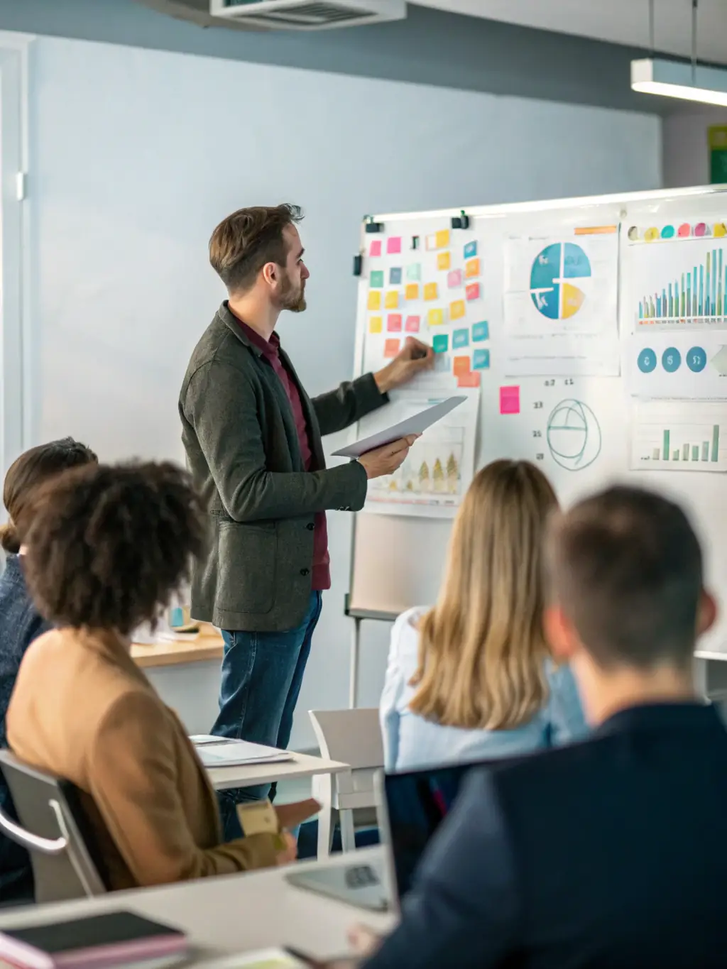 A focused image of an ABM strategy session, with sticky notes on a whiteboard outlining target accounts and personalized messaging.